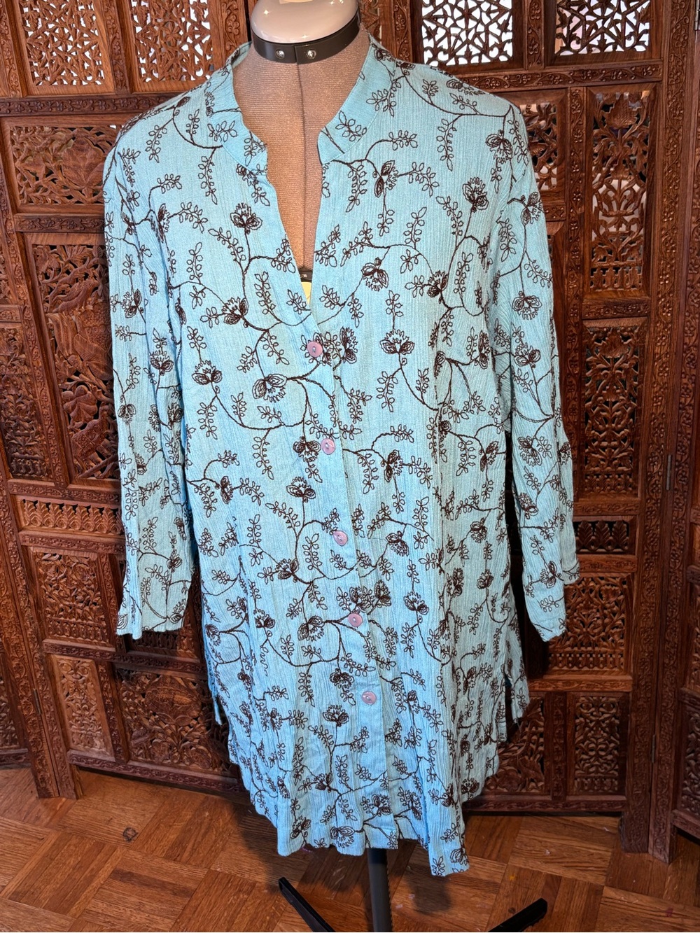 Sag Harbor Turquoise Blue Floral Button-Front T-Shirt Dress embroidered